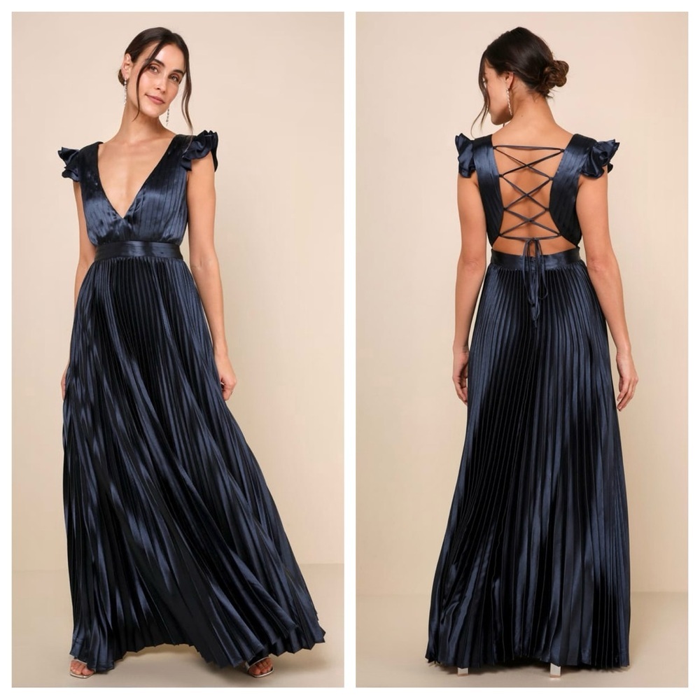 Lulu's Navy Satin Pleated Maxi Dress with Lace-Up Back